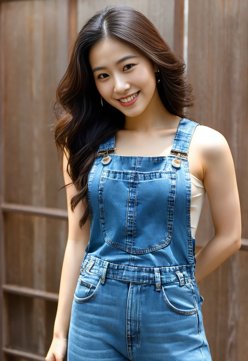 30 year old Hong Kong woman, Perfect gravure model body type,smiling genius, Straight medium hair with a slight brown tinge, thin and slightly long face、爆乳、innocent and charming, Tight black tank top and loose denim overalls,lean forward and look at the camera