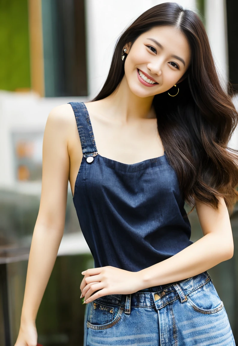 30 year old Hong Kong woman, Perfect gravure model body type,smiling genius, Straight medium hair with a slight brown tinge, thin and slightly long face、爆乳、innocent and charming, Tight black tank top and loose denim overalls,lean forward and look at the camera