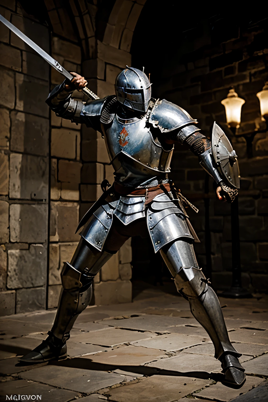 armored medieval knight attacking with sword full body, moving