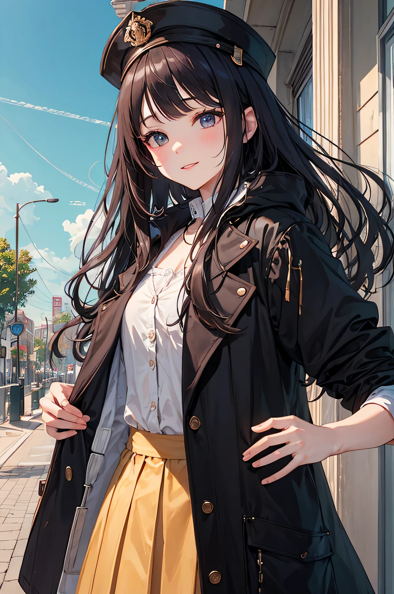 (masterpiece, best quality:1.2), 18 years old, very beautiful girl, alone, Happy expression looking at the camera in a coffee shop, Precise face, She is wearing a large flowing jacket, a short skirt, and sneakers., fragrant coffee, whole body, simple background, Nizi 5,