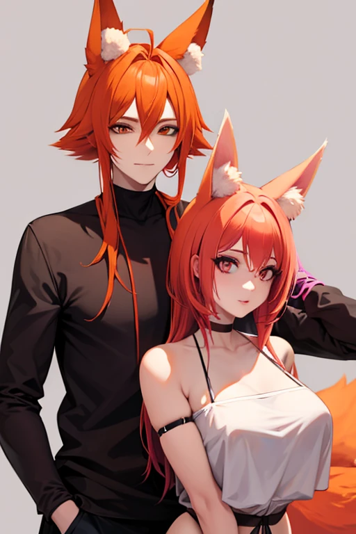 An orange haired man with orange eyes and fox ears is posing with pink haired woman with violet eyes