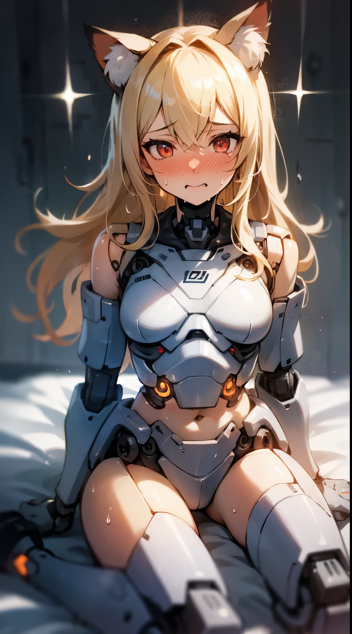 an extremely delicate,
beautiful girl,
break,
8k,
best quality,
masterpiece,
ultra hires,
ultra detailed girl,
super fine illustration,
break,
(looking at viewer),
night,dark bedroom,
break,
1girl,
solo,
(cyborg girl:1.3),
college age,
perfect female body,
sitting on bed,
wariza,
(embarrassed, nose blush:1.3),
(steam:1.1),(wet:0.7),(trembling:1.1),(tears:0.8) ,(drooling:0.7),(sweat:1.1),
fluttering long hair,
big hair,
air bangs,
long bangs between eyes,
fluffy hair,
(shiny blonde hair),
boyish face,
(red eyes),
(glowing cyborg eyes:1.2),
(bare thighs:1.2),
(bare shoulders:1.2),
small breasts,
break,
white body with indigo patterns,
(mechanical joints:1.2),
pale pink energy core,
thigh high socks,
chest armor,
mechanical cat ears,