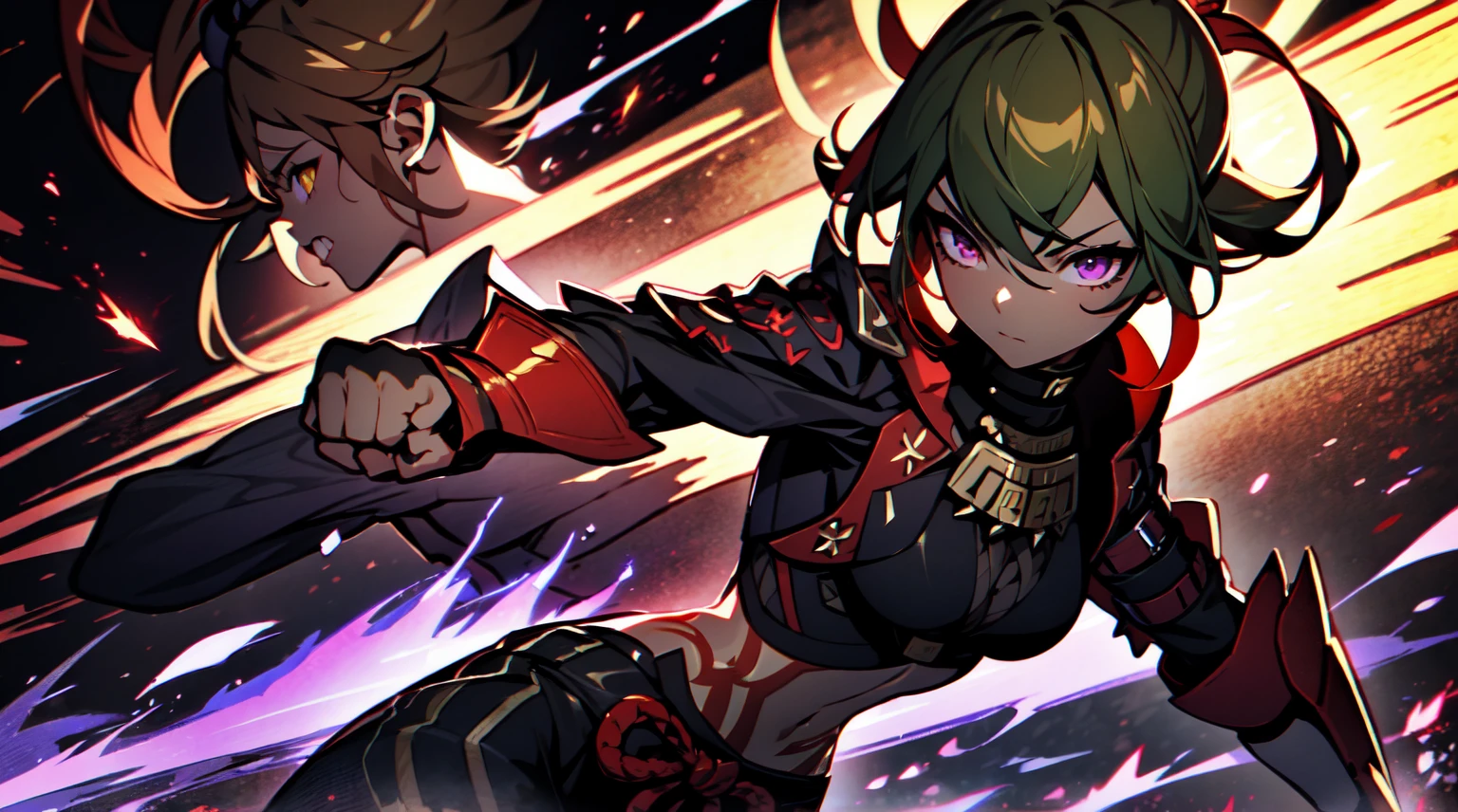 Ultra definition, masterpiece, best quality, 1Girl, Experienced fighter with dark red short hair, yellow eyes, light brown skin tone, A jacket and light armor red and black metallic Like kuki shinobu outfit, combat stance, fists with black and purple lightning blazes, sharp ocular posture, waist line.