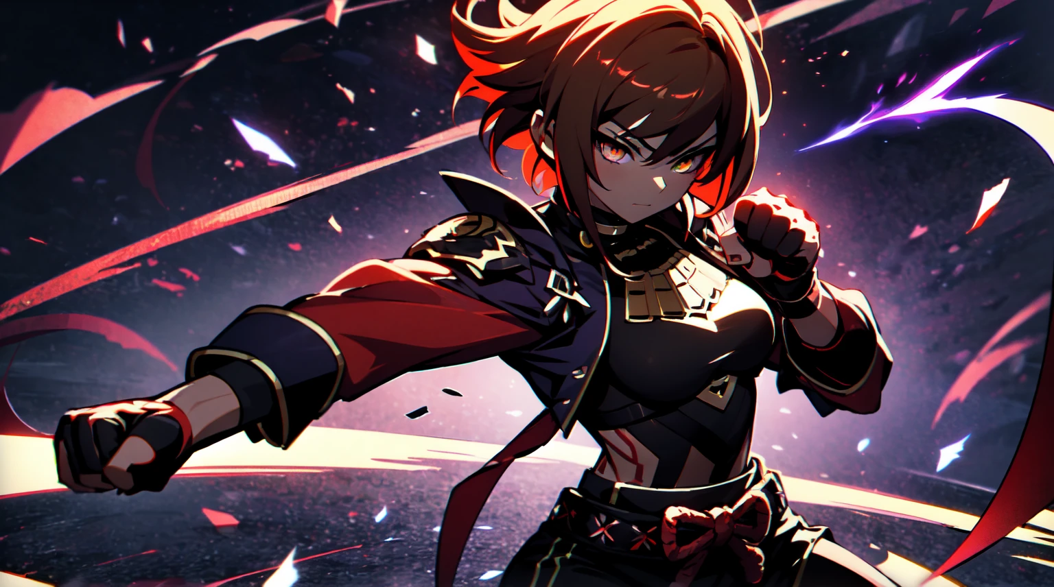 Ultra definition, masterpiece, best quality, 1Girl, Experienced fighter with dark red short hair, yellow eyes, light brown skin tone, A jacket and light armor red and black metallic Like kuki shinobu outfit, combat stance, fists with black and purple lightning blazes, sharp ocular posture, waist line.