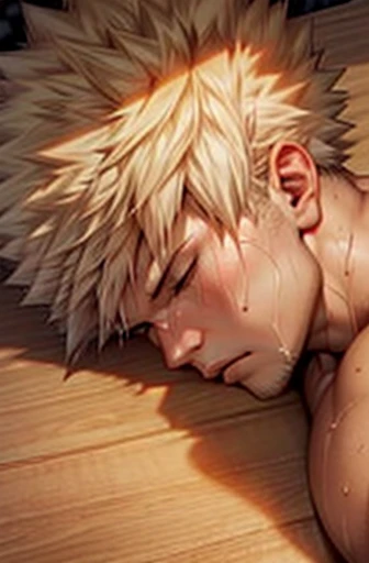 Night time darkness, Muscular bakugou katsuki laying down sleeping on wooden table top view, relaxed face, naked thick ((penis )), muscular pecs and washboard abs, sweating heavily, wristwatch, necklace, surrounded by fruits, dirt on body, blonde stubble, dim night darkness