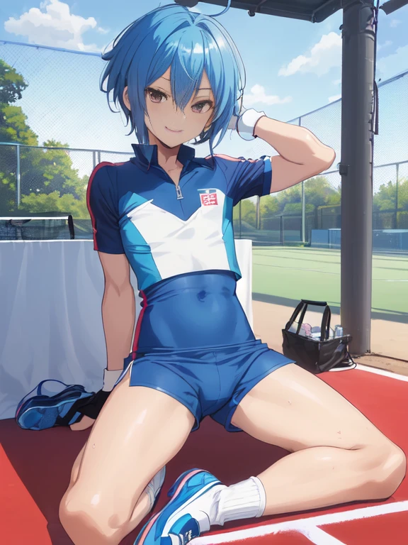 (((Official art,superfine illustration,hight resolution, masutepiece, best qualtiy,Best Quality,)))、 (A ),12 years otennis idol with a fearless face.,A boy who looks like the prince of tennis、 Standing, Cool handsome face with smile, White Tennis Shoes、 Long legs, thighs thighs thighs thighs, Foots, Bulge, (Blue-haired、)、 Short,spiky hair、Shiny hair, boy with sharp eyes, (Tight, shiny white tennis uniform、), (shiny tight soccer shorts), (Tennis Socks), tussock, Cool pose, (太いthighs thighs thighs thighs,Big buttocks),(((park tennis field)))、((cocky、))、Smirk、Spread legs,Ultra-fine painting, (Best Quality, 4K, 8K, hight resolution, masutepiece:1.2),(((Being aware of the sexual gaze of middle-aged gay men)))、Service Shots、Leather Long Gloves、Legband、