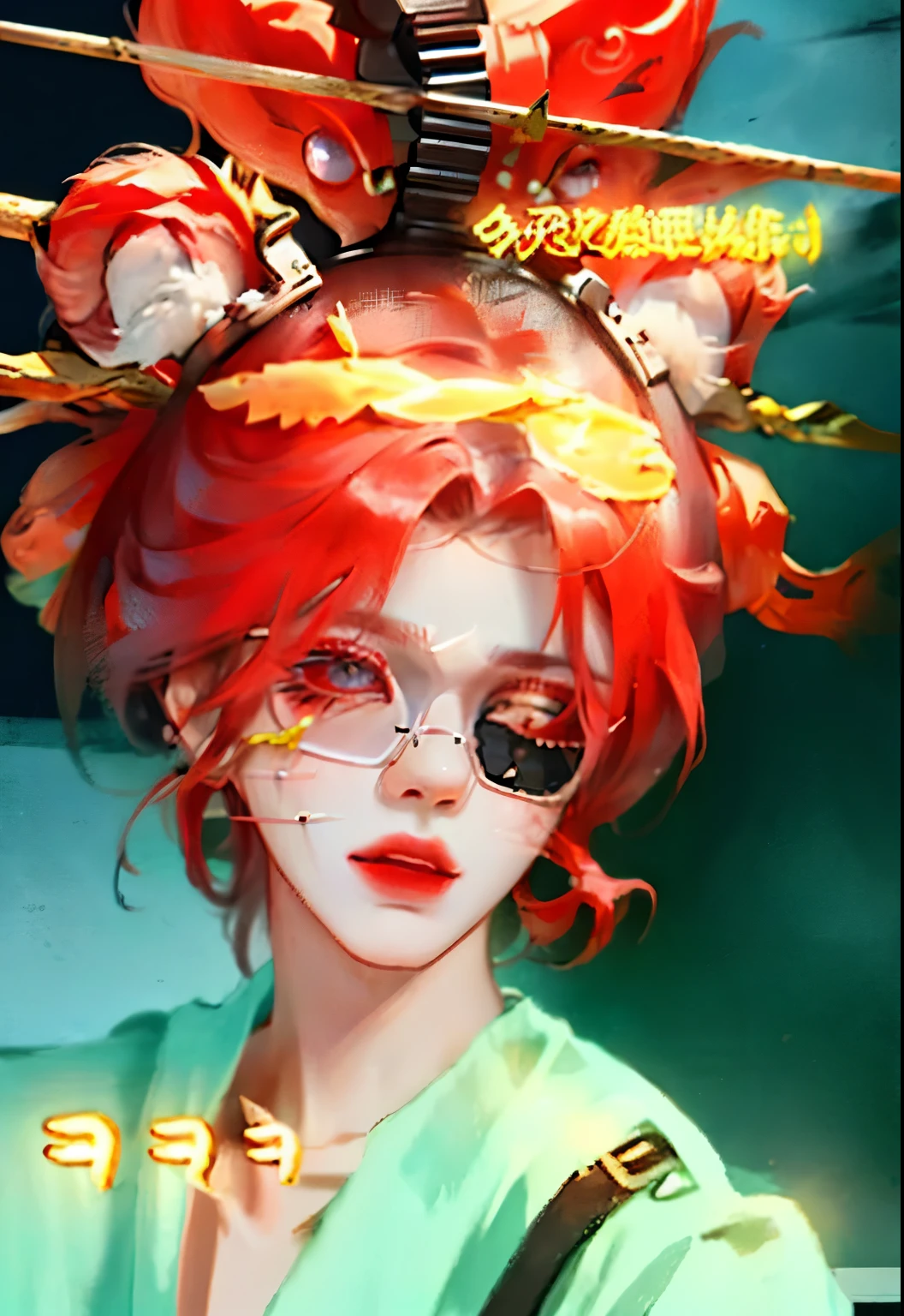 One wears glasses、Close-up of red-haired man, cai xukun, Taehyung eats Gucci French fries, His head is very long, Shin Jin Young Aesthetics, Jimin\The right eyelid is swollen, he wears an eyepatch, razor blade in drain pipe, Cute Korean face, Dressed as a fisherman 🧥, headcrab