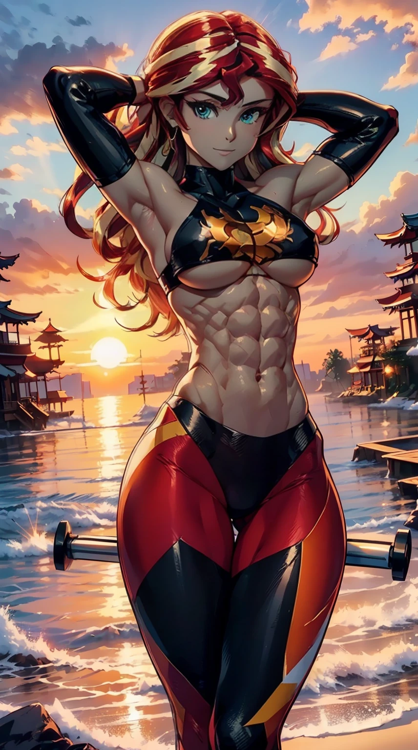 Sunsethuman, Sunset Shimmer, Sunset Shimmer from my little pony, Sunset Shimmer in the form of a girlr, six-pack abs, arm muscles, Red sports bra, Red Sports Leggings, Gym,  big breastes, Bodybuilder Girl, perfect abs, six-pack abs, the perfect body