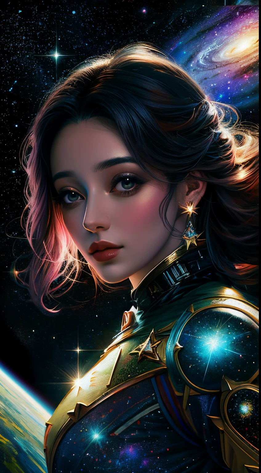 pintura de uma mulher com uma gravata e um fundo cheio de estrela, estrelas em seus olhos de olhar, imagem de arte digital, girl in space, arte digital!!, cosmic girl, No estilo de arte de Bowater, retrato de fantasia digital, pintura digital brilhante, strange portrait with galaxy, arte digital do retrato, em estilo de pintura digital, retrato da fantasia, linda arte digital linda