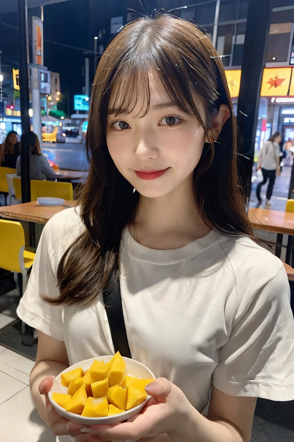 Please draw the scene this girl are eating Mango shaved in