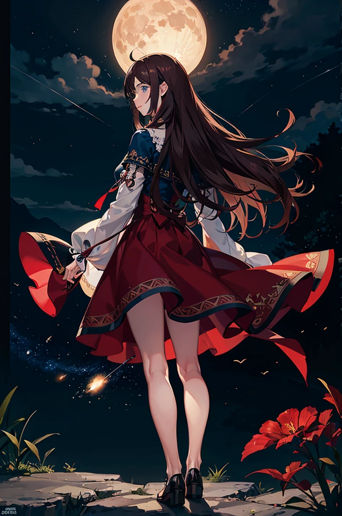 full moon night, Starry sky, shooting stars, a 20 years old girl wearing a red dress outfit standing on a sea of Colorful flowers, long brown hair, blue eyes, Looking at the sky, back to the spectators, butterfly, Fireflies, (Focus Girl:0.7) break, detailed, realistic, Highly detailed 4k digital art, Octane rendering, bioluminescent, break 8K resolution concept art, realism, by Mappa studios, master piece, best quality, Official Art, Clear line, (Fresco_Cor ), perfect composition, absurdities, fantasy, concentrate, rule of thirds