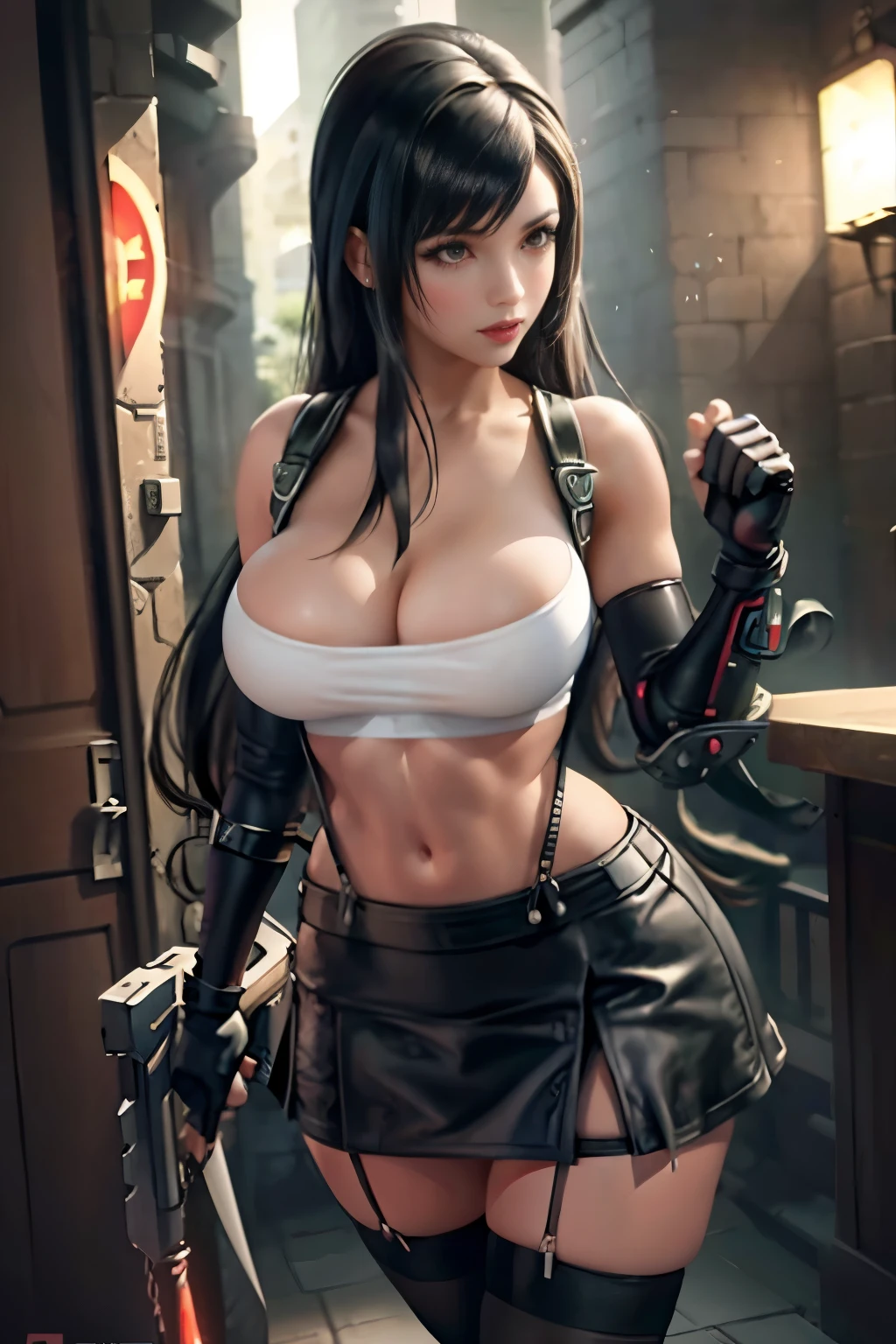 (8k, best quality, masterpiece:1.2), (realistic, photo-realistic:1.37), ultra-detailed, 1 girl,cute, solo, (tifa lockhart), (huge breasts:1.5) beautiful detailed eyes), (smile:1.2), (closed mouth), erotic pose, dancing, neon lights, cityscape, depth of field, dark intense shadows, sharp focus, cars, motion blur, motor bikes, depth of field, good composition, green glowing light, Final Fantasy VII, single elbow pad, ankle boots, black hair, black thighhighs, red boots, elbow gloves, elbow pads, fingerless gloves, taut shirt, sports bra, (suspender black skirt), thighhighs, white tank top, full body, lips, pretty face, very long hair, ((red_eyes)), yellow flowers, (night:1.3), intricate, bokeh, cinematic lighting, photon mapping, radiosity, physically-based rendering, (Tetsuya Nomura style), nsfw, perfect breasts