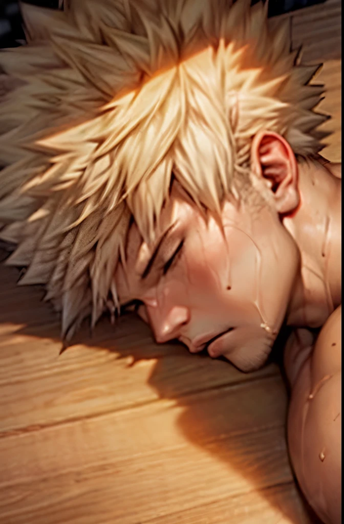 Night time darkness, Muscular bakugou katsuki laying down sleeping on wooden table top view, relaxed face, naked thick ((penis )), muscular pecs and washboard abs, sweating heavily, wristwatch, necklace, surrounded by fruits, dirt on body, blonde stubble, dim night darkness