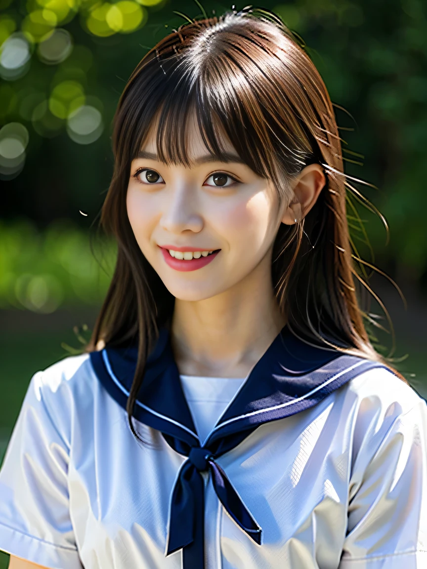 (((Draw only one woman: 2))), Beautiful 18 year old Japan woman, (A high school girl wearing a sailor uniform with short sleeves and a ribbon: 1.5), (Japan strict girls' school sailor uniform), ((Body-fitting sailor suit:1.5)), ((Big breasts in uniform'It's going to explode:1.5)), ( High school girl sitting in the church pew: 1.2), (Beautiful and elaborate stained glass on the background: 1.5), ((1screen)), in 8K, RAW shot, top quality photo, masutepiece, Amazing realism photos, (lighting like a movie:1.5), ((Anatomically correct proportions: 1.5)), ((perfectly proportions)), (Cute woman like an idol in Japan:1.5), Detailed face, Detailed eyes, Narrow Nose, Detailed skin, (Beautiful long hair: 1.5), (Transparent bangs:1.5), {{facial close-up:1.5}}, (ssmile:1.2), (Angle from the side)