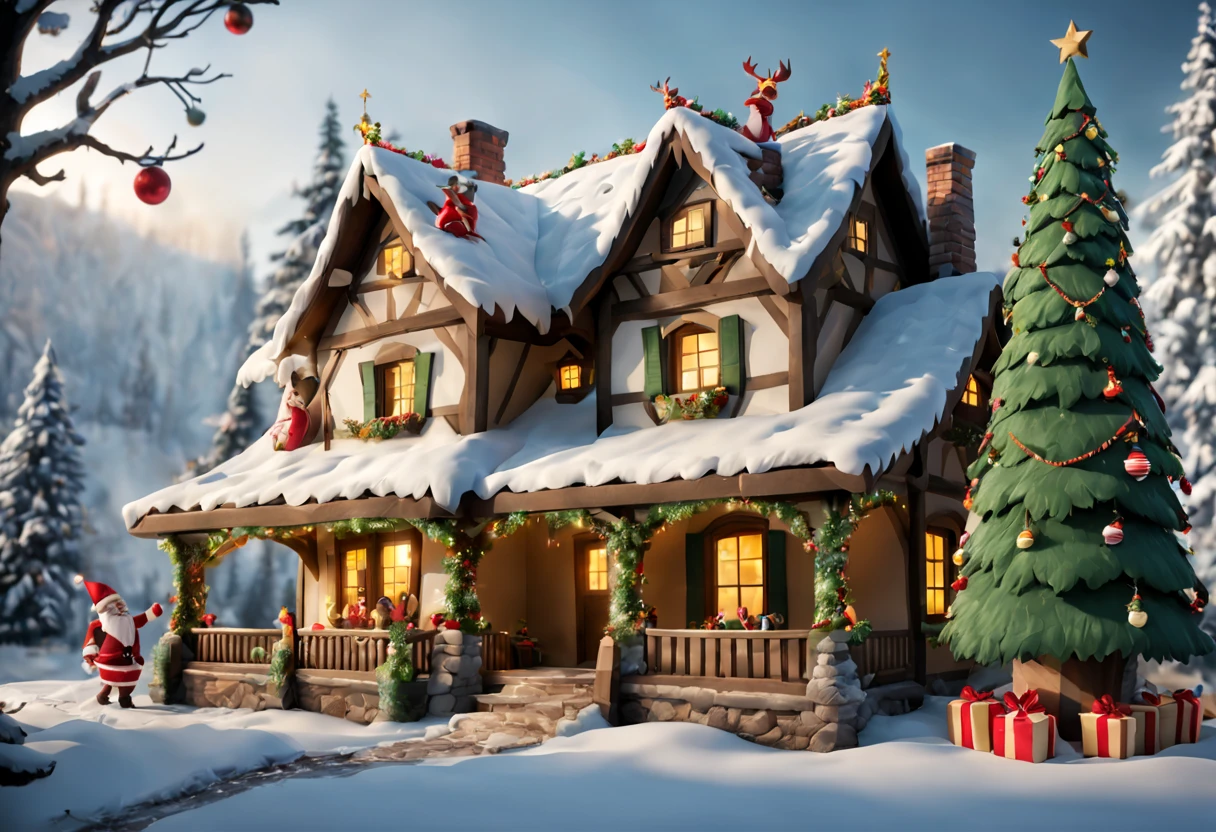 House decorated with Christmas elements，The elves are playinoon Santa Claus Flying Over，nevando，Christmas tree