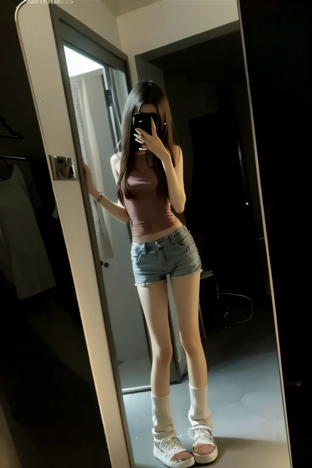 There is a woman looking in the mirror, photo of slim girl model, photo of slim girl, Tall and thin beautiful goddess, slender girl, 2 4 year old female model, is wearing a shorts, hot petite girl, Full and very thin figure, Fits the delicate figure, Very nice thin legs, tall and lanky skinny, full bodyesbian! pretty face