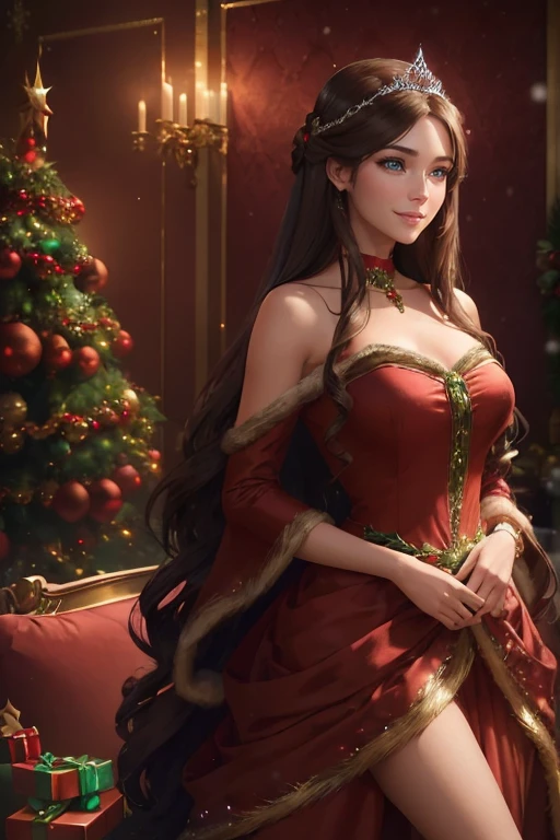 ((A happy woman with blue eyes and long brown hair wearing a beautiful red christmas gown and a tiara)), standing with in a christmas living room, hair with many details, 8k artgerm bokeh, fanart best artstation, render photorealistic, guweiz-style art, inspired by WLOP, ig model | artgerm, detailed waist up portrait, stunning wait up portrait of realistic face, beautiful waist up portrait, deviantart artstation cgscosiety, cinematic realistic portrait, high quality portrait, elegant digital painting, photorealistic artstyle, ((Christmas living room background))