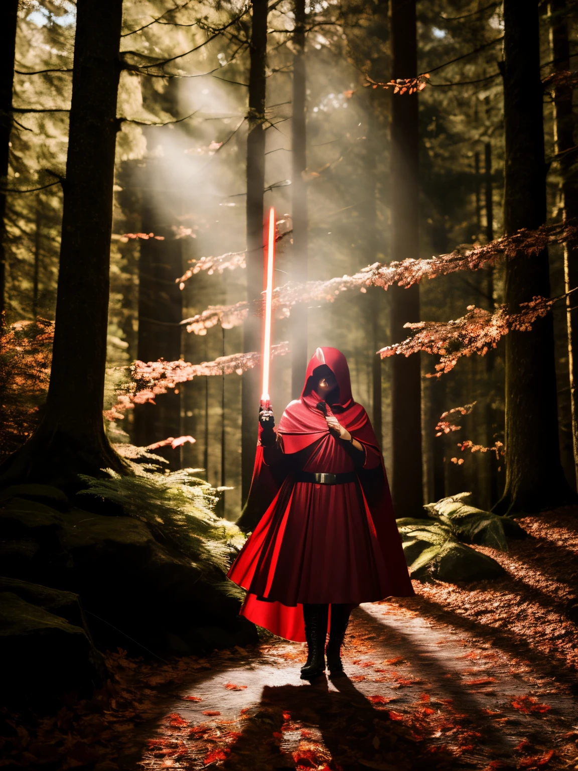 extremely beautiful red riding hood, subtle makeup, golden hour, photorealistic, high contrast, 8k HD, detailed, hyper-detailed, realistic skin texture, covered with red hood, large breast, best quality, ultra high res, raw photo, dramatic lighting, unreal engine, diffuse glow, intricate red hood, outdoor, realistic detailed dark forest, falling leaves, breeze, holding light saber