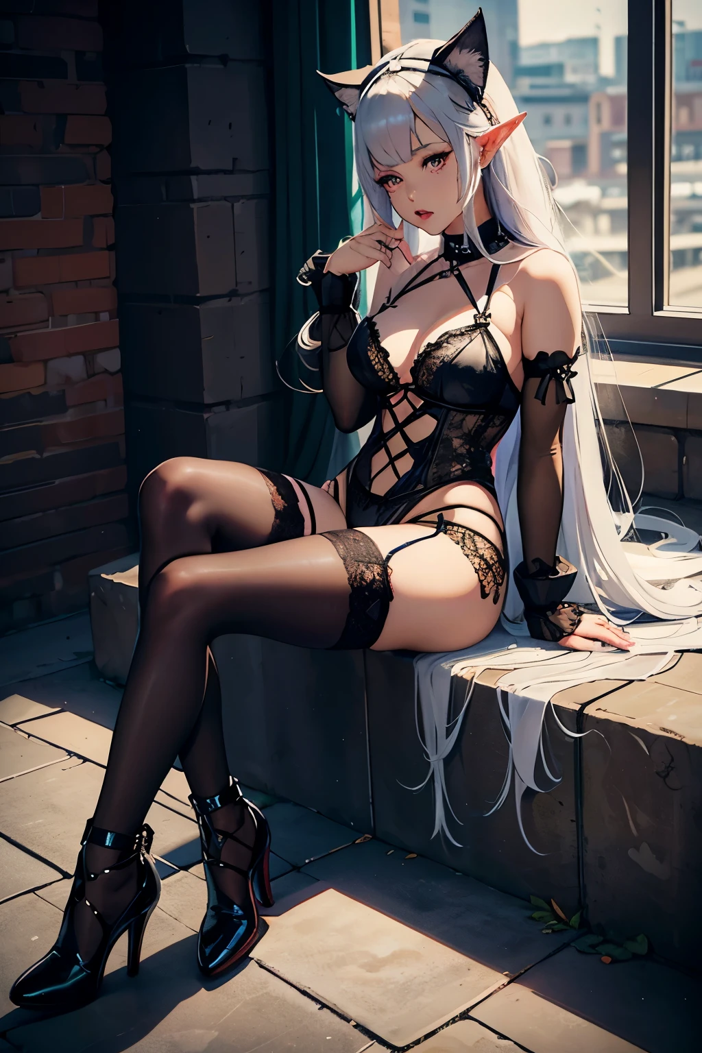 Beautiful girl,Wear lace lingerie,lace panty,See-through installation,mesh socks,high-heeled boots,leg loops,Nose hook,Bondage clothing,chained,sat down on the ground,Rainbow long hair,Cat ear fur map,Elf's ears,black face,Stream of bad laughter,drooling from the mouth,Take the leather whip