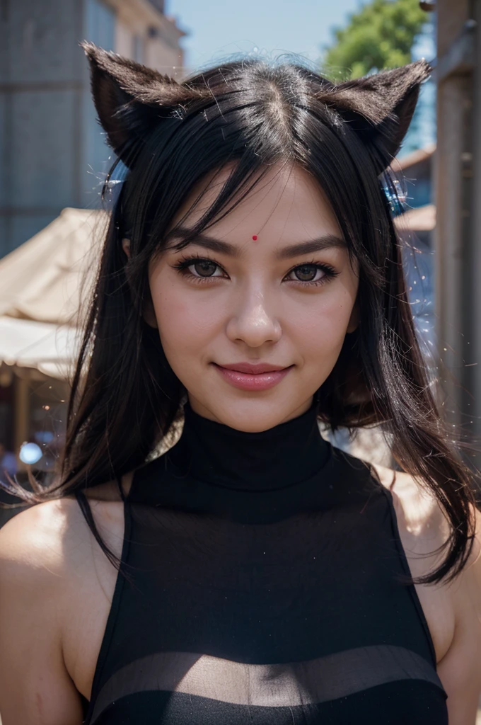 black hair, hair bobbles, wince, longeyelashes, solid circle eyes, fake animal ears, light smile, ear blush, fang, Surrealism, drop shadow, anaglyph, stereogram, tachi-e, pov, atmospheric perspective, Color Field painting, high detail, 8k, super detail, ccurate, best quality