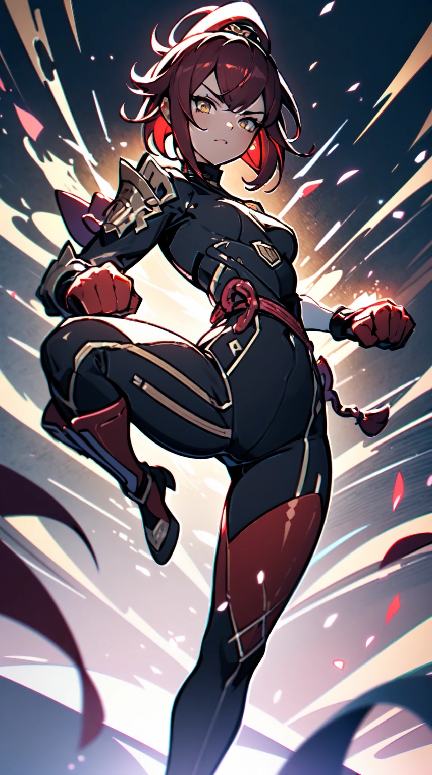 Ultra definition, masterpiece, best quality, Girl, Experienced fighter with dark red short hair, yellow eyes, light brown skin tone, A jacket and light armor red and black metallic Like kuki shinobu outfit, combat stance, fists with black and purple lightning blazes, sharp ocular posture, waist line.