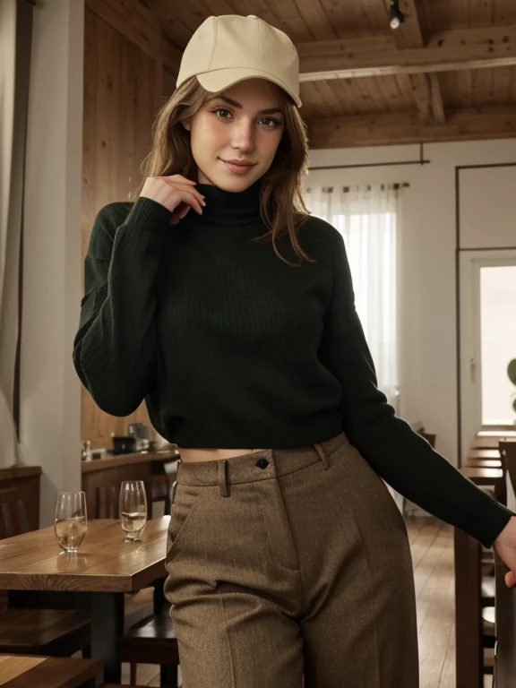 (ULTRA BEST QUALITY, in 8K, Meisterwerk, Wasserzeichen-Illustration), wildes Weibchen im Restaurant, Sonnenlicht, muscular body type, mit flauschigen Haaren, Blond, braune Augen, careless hairstyle, Broad smile, sitzend am Esstisch, im Restaurant, She wears a oliv green sweater, she wears a small one goldene Kette, she is wearing light brown pants, hat einen Caffee in der Hand,