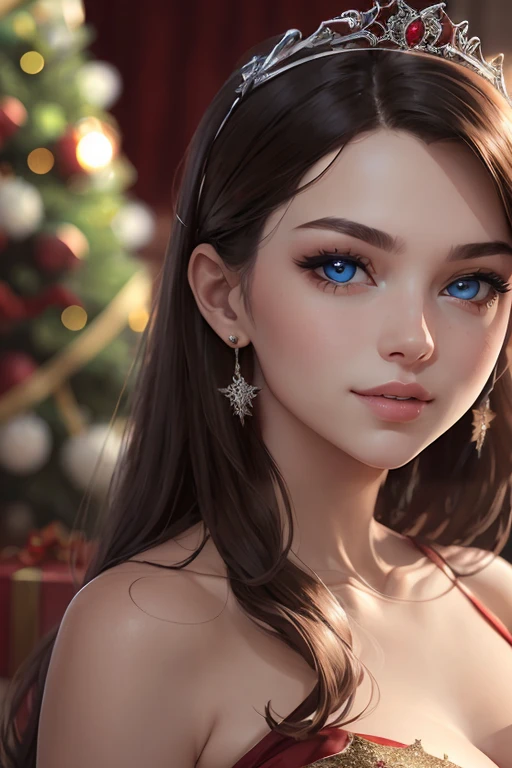 ((A happy woman with blue eyes and long brown hair wearing a beautiful red christmas gown and a tiara)), standing with in a christmas living room, hair with many details, 8k artgerm bokeh, fanart best artstation, render photorealistic, guweiz-style art, inspired by WLOP, ig model | artgerm, detailed waist up portrait, stunning wait up portrait of realistic face, beautiful waist up portrait, deviantart artstation cgscosiety, cinematic realistic portrait, high quality portrait, elegant digital painting, photorealistic artstyle, ((Christmas living room background)), looking at camera