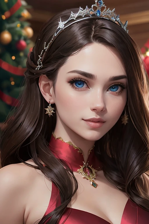 ((A happy woman with blue eyes and long brown hair wearing a beautiful red christmas gown and a tiara)), standing with in a christmas living room, hair with many details, 8k artgerm bokeh, fanart best artstation, render photorealistic, guweiz-style art, inspired by WLOP, ig model | artgerm, detailed waist up portrait, stunning wait up portrait of realistic face, beautiful waist up portrait, deviantart artstation cgscosiety, cinematic realistic portrait, high quality portrait, elegant digital painting, photorealistic artstyle, ((Christmas living room background)), looking at camera