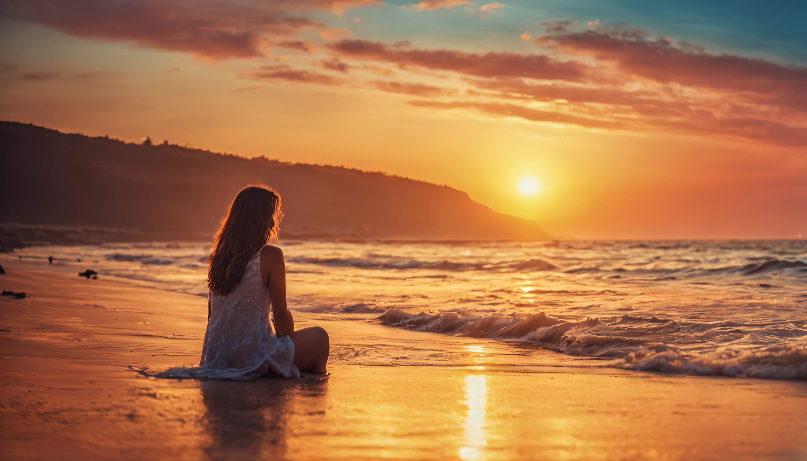 woman sitting on a beach looking out at the ocean sunset, chaotic sea setting, beautiful sea landscapes, stunning sunset, sunset glow, beautiful background, warm beautiful scene, epic sunset, beautiful sunset, beautiful sunset glow, beautiful ocean