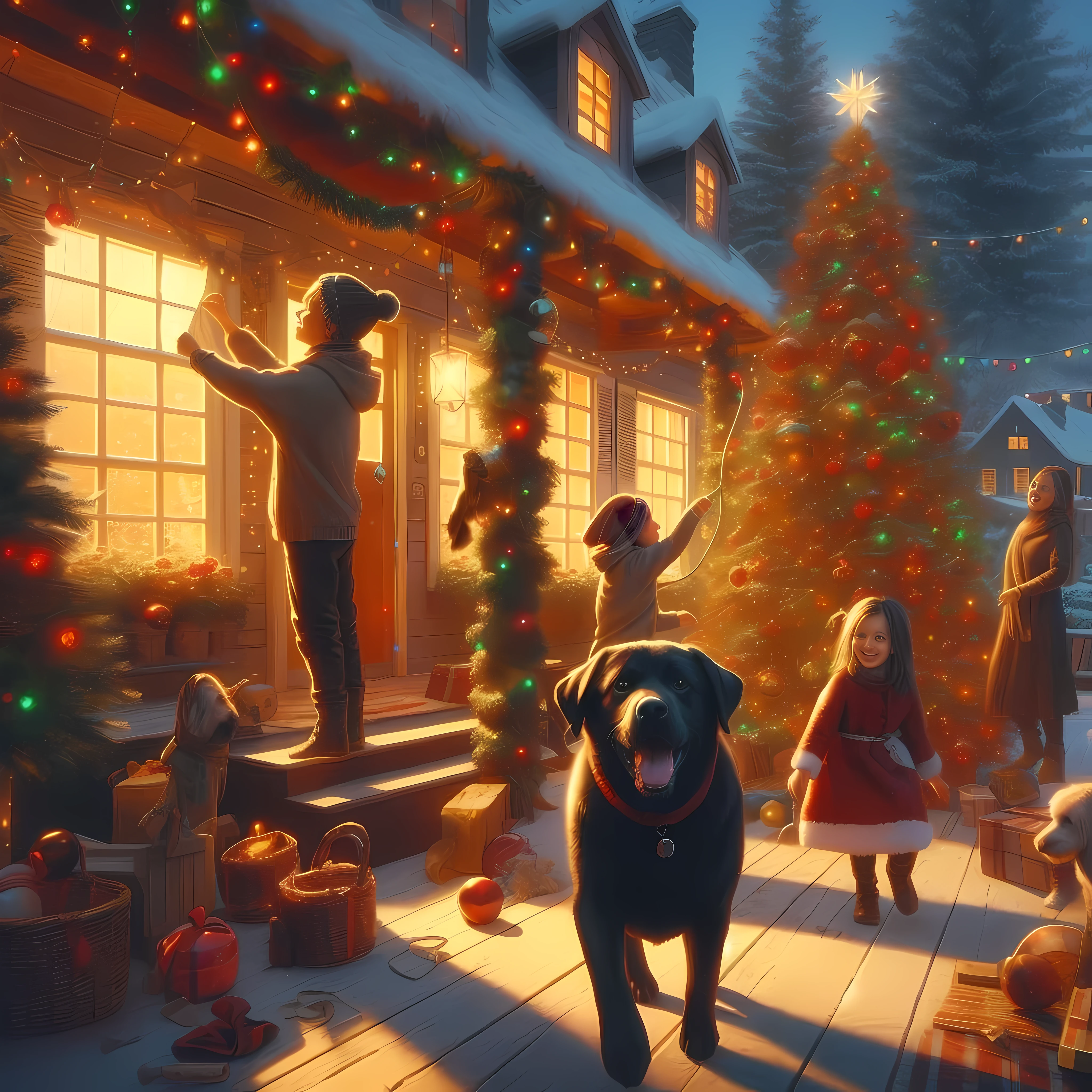 create a (32k masterpiece, best quality:1.4) greg rutkowski inspired illustration, absurdres, huge filesize, scene of a family home being decorated for Christmas by a and his little sishe family dog (black labrador) running round excitedly, early evening, dwindling light, warmth, volumetric light, quixel megascan,