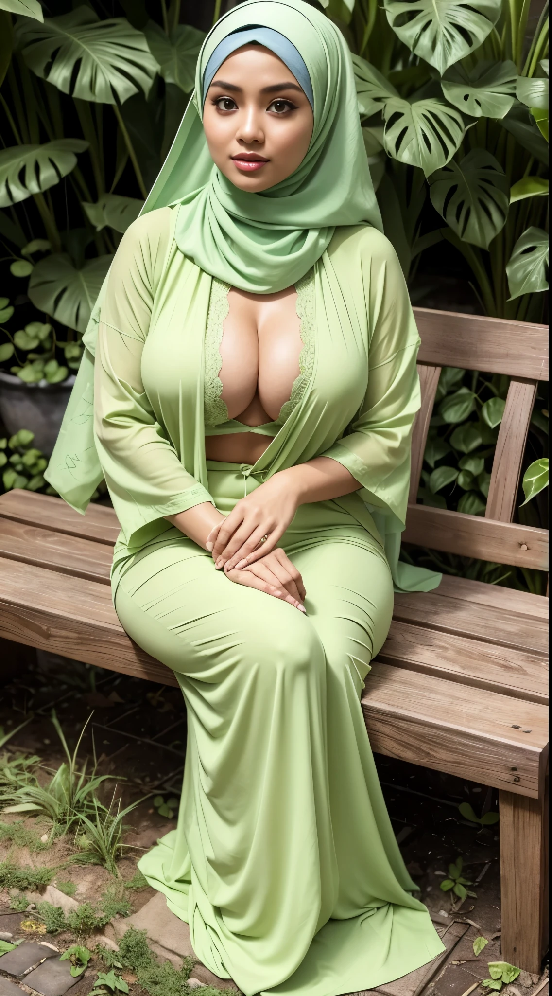 RAW, Best quality, high resolution, masterpiece: 1.3), beautiful Malay woman in hijab,Masterpiece, perfect fit body, ((Huge breast)), big gorgeous eyes, Soft smile,woman sitting on a bench next to a bambo plant, inspired by Nazmi Ziya Güran, cute woman, gorgeous lady, olive green, pastel green, serena malyon, with beautiful exotic, inspired by Shaddy Safadi, lime green, beautiful image, beautiful woman, malaysian, hijab, feminine in cute pastel shades, inspired by Fathi Hassan, Excellent lighting, Bright colors, Clean lines
