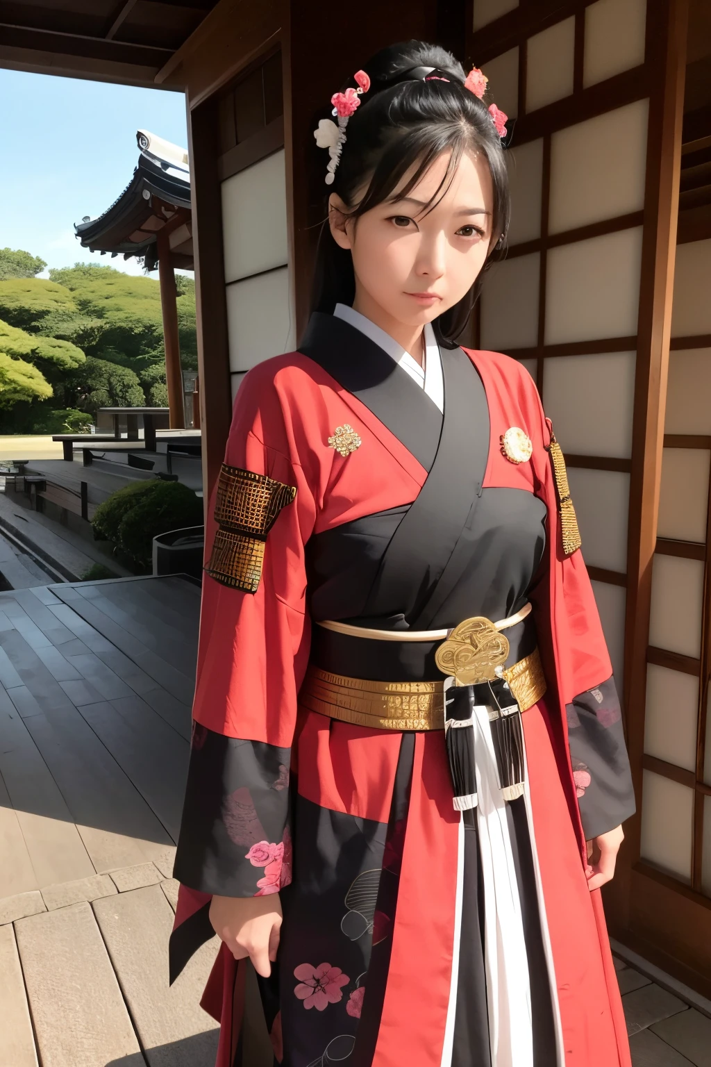 He is a woman in the costume of a Japan samurai。