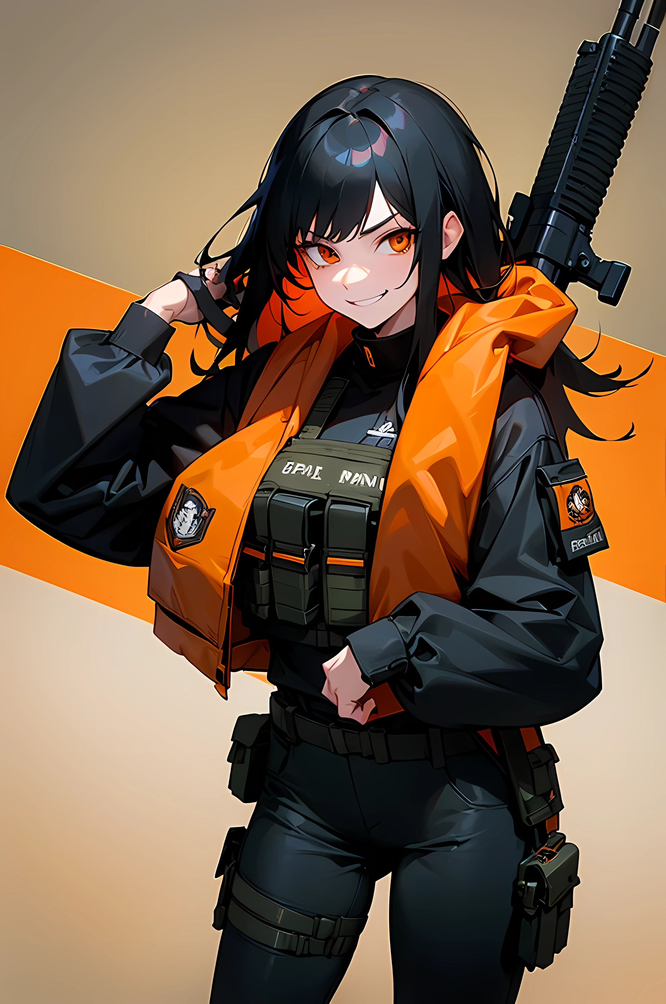 (8K Ultra High-Quality) (Masterpieces) 1 Girl, long Black hair, orange eyes color, wearing USMC Tactical Uniform, wearing Body Vest with pouches, wearing Pistol holster, carrying M4A1, smirk face looking at viewer.