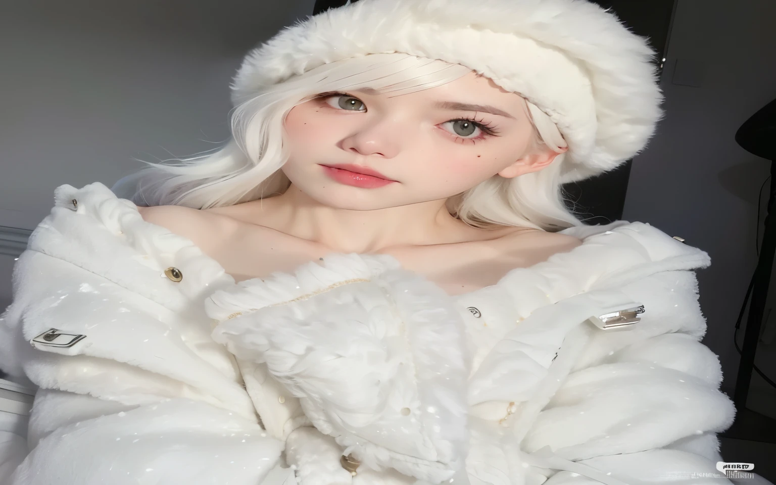 a close up of a person wearing a white coat and a hat, pale snow white skin, white hime cut hairstyle, ulzzang, perfect white haired girl, white bangs, with white long hair, belle delphine, white curly hair, pale porcelain white skin, with long white hair, ivory pale skin, extremely pale blond hair, white hair color