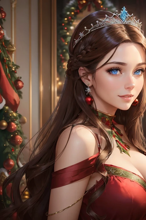 ((A happy woman with blue eyes and long brown hair wearing a beautiful red christmas gown and a tiara)), standing with in a christmas living room, hair with many details, 8k artgerm bokeh, fanart best artstation, render photorealistic, guweiz-style art, inspired by WLOP, ig model | artgerm, detailed waist up portrait, stunning wait up portrait of realistic face, beautiful waist up portrait, deviantart artstation cgscosiety, cinematic realistic portrait, high quality portrait, elegant digital painting, photorealistic artstyle, ((Christmas living room background)), looking at camera
