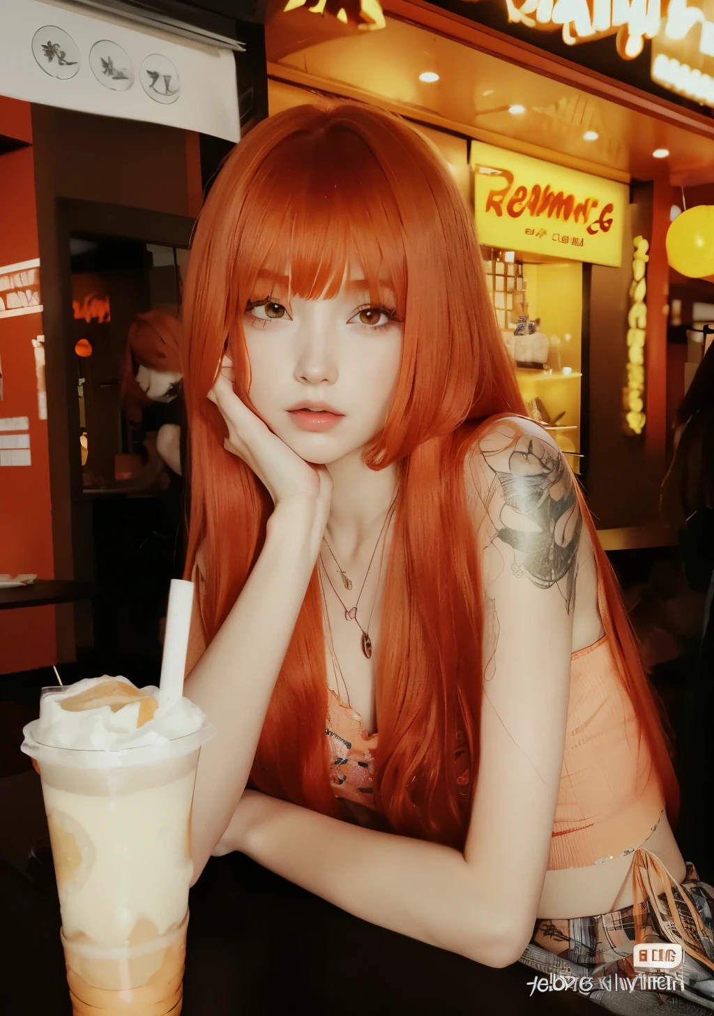 a close up of a woman with red hair sitting at a table, she has long redorange hair, orange skin and long fiery hair, long orange hair, she has long orange brown hair, with long red hair, anime girl in real life, orange hair, very long orange hair, bright orange hair, orange glowing hair, pale red, rusty colored long hair