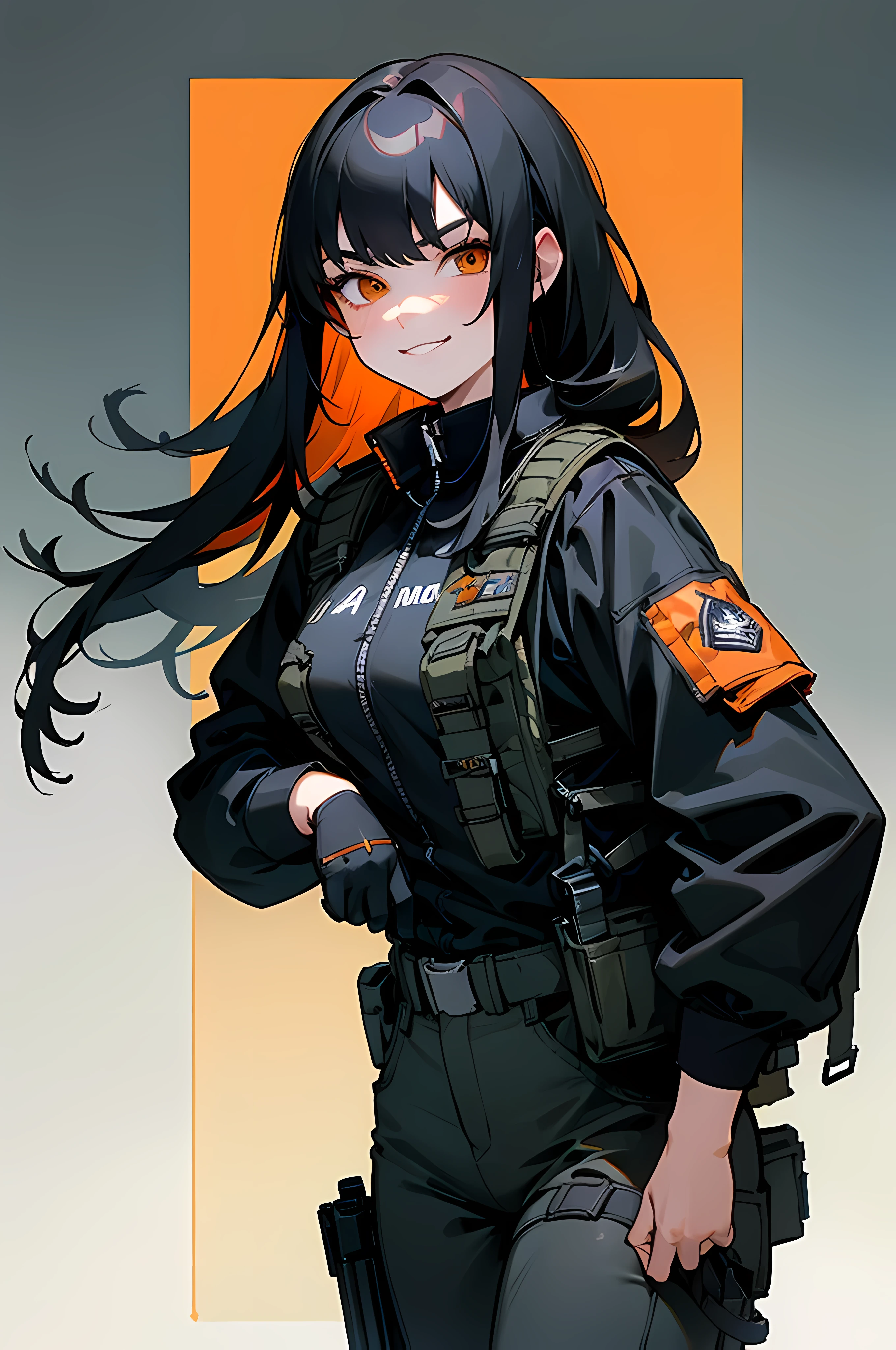 (8K Ultra High-Quality) (Masterpieces) 1 Girl, long Black hair, orange eyes color, wearing USMC Tactical Uniform, wearing Body Vest with pouches, wearing Pistol holster, carrying M4A1, smirk face looking at viewer.