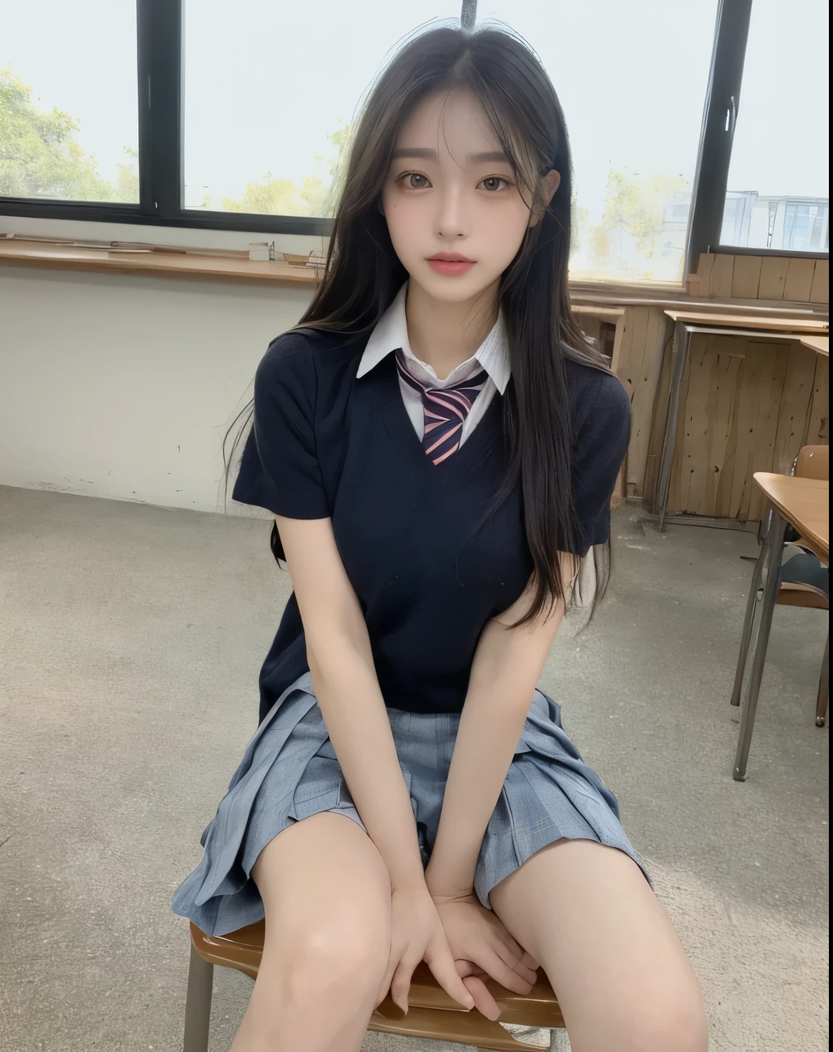 (((Best Quality, 8K, Masterpiece: 1.3,)), high-definition facial features, delicate facial feature, 1girl, Slim Abs Beauty: 1.3, ((long hair, natural hair)), ((((wearing school uniform)))), Fine Face, (((Delicate Eyes))), Double Eyelids, Smile, looking at the viewer, ((full body 1.5)), (((background : school))), ((((natural background)))), (sitting on the chair), chair, window, bare legs