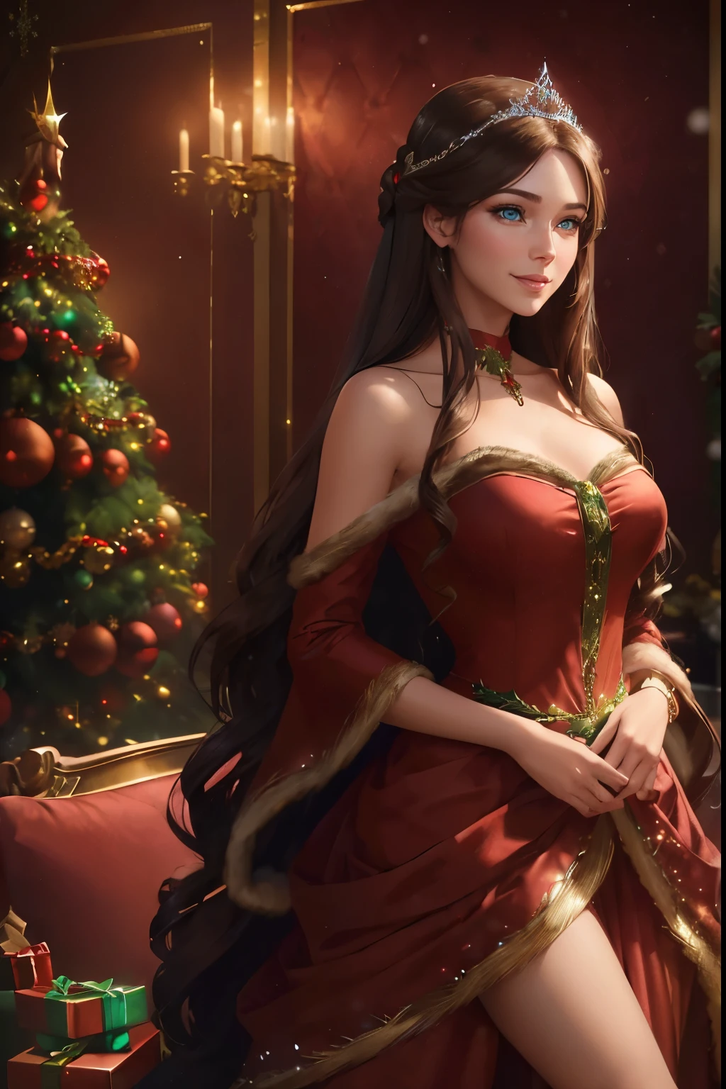 ((A happy woman with blue eyes and long brown hair wearing a beautiful red christmas gown and a tiara)), standing with in a christmas living room, hair with many details, 8k artgerm bokeh, fanart best artstation, render photorealistic, guweiz-style art, inspired by WLOP, ig model | artgerm, detailed waist up portrait, stunning wait up portrait of realistic face, beautiful waist up portrait, deviantart artstation cgscosiety, cinematic realistic portrait, high quality portrait, elegant digital painting, photorealistic artstyle, ((Christmas living room background))