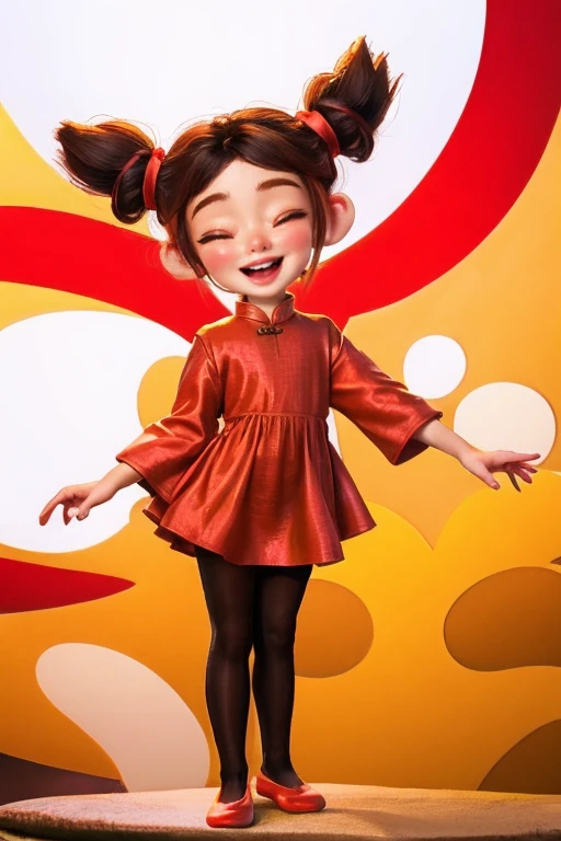 pucca, double brown bun, red dress, chinese clothes, black pantyhose, closed eyes, :d,"child"