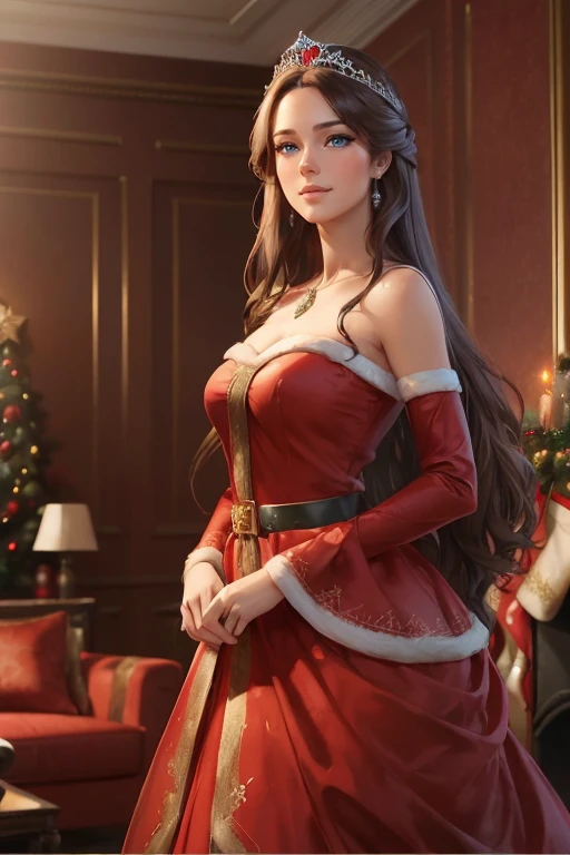 ((A happy woman with blue eyes and long brown hair wearing a beautiful red christmas gown and a tiara)), standing with in a christmas living room, hair with many details, 8k artgerm bokeh, fanart best artstation, render photorealistic, guweiz-style art, inspired by WLOP, ig model | artgerm, detailed waist up portrait, stunning wait up portrait of realistic face, beautiful waist up portrait, deviantart artstation cgscosiety, cinematic realistic portrait, high quality portrait, elegant digital painting, photorealistic artstyle, ((Christmas living room background)), looking at camera