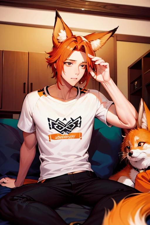 An orange haired man with orange eyes and fox ears is listening to music in a dorm