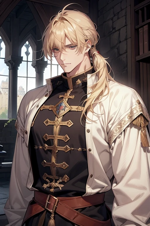 1 male, Relaxed, Messy blonde hair with low ponytail bangs, White Knight, Beautiful, in a castle, Medieval fantasy、Tall、well-muscled、190cm、manly、handsome man、Best style、