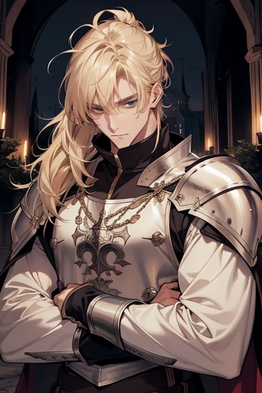 1 male, Relaxed, Messy blonde hair with low ponytail bangs, White Knight, Beautiful, in a castle, Medieval fantasy、Tall、well-muscled、190cm、manly、handsome man、Best style、
