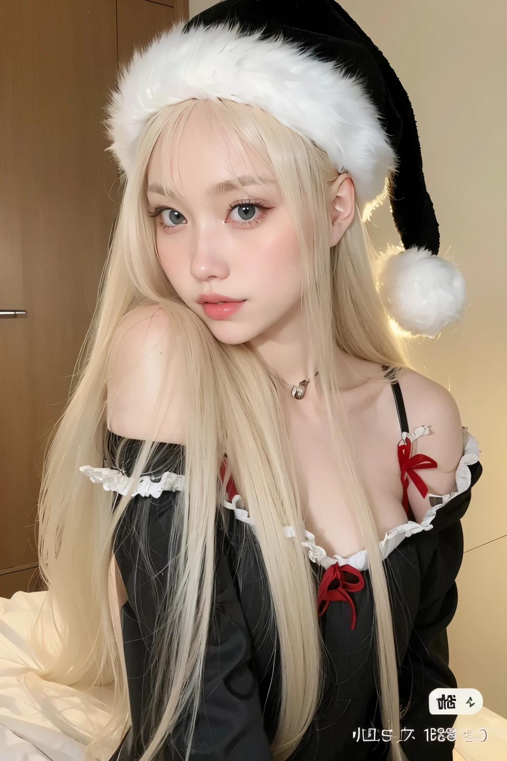 blond haired girl with santa hat posing for a picture, with white long hair, with long white hair, long white hair and bangs, with long blond hair, white hime cut hairstyle, ulzzang, lalisa manobal, perfect white haired girl, anime girl in real life, extremely pale blond hair, long blonde hair and big eyes