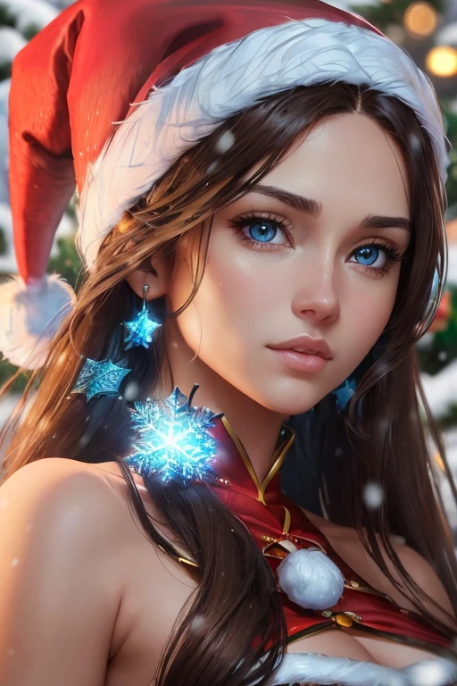 (Hermosa mujer)，Navidad，Un cabello oscuro，Bobsleigh medio，(Vestido con el traje de Santa Claus:1.4), More detailed 8K.motor irreal:1.4,UHD,La mejor calidad:1.4, fotorrealista:1.4, textura de la piel:1.4, obra maestra:1.8,obra-prima, mejor calidad,objeto Objeto], (detailed face features:1.3),(bosque congelado nieve:1.4),posing for camera:1.4), (manos Detallado:1.4),Minifalda roja :1.4), brown hair (((blue eyes))), ana de armas, ((long brown hair with blue eyes)), hair with many details, beautiful neckline, 8k artgerm bokeh, fanart best artstation, render photorealistic girl, art in the style of guweiz, inspired by WLOP, ig model | artgerm, deviantart artstation cgscosiety, Christmas background, looking at camera