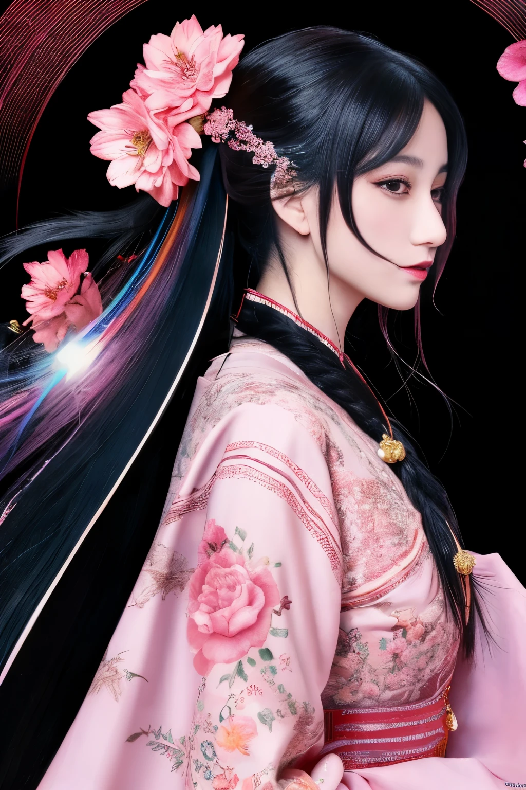 A painting of a woman with long black hair and flowers in her pink hair, beautiful line art, clean linear art, perfect linear art, linear art behance hd, hyper detailed line art, extremely fine ink linear art, intricate linear art, exquisite line art, detailed line art, bold linear art, detailed manga style, linear art, multicolor line drawing