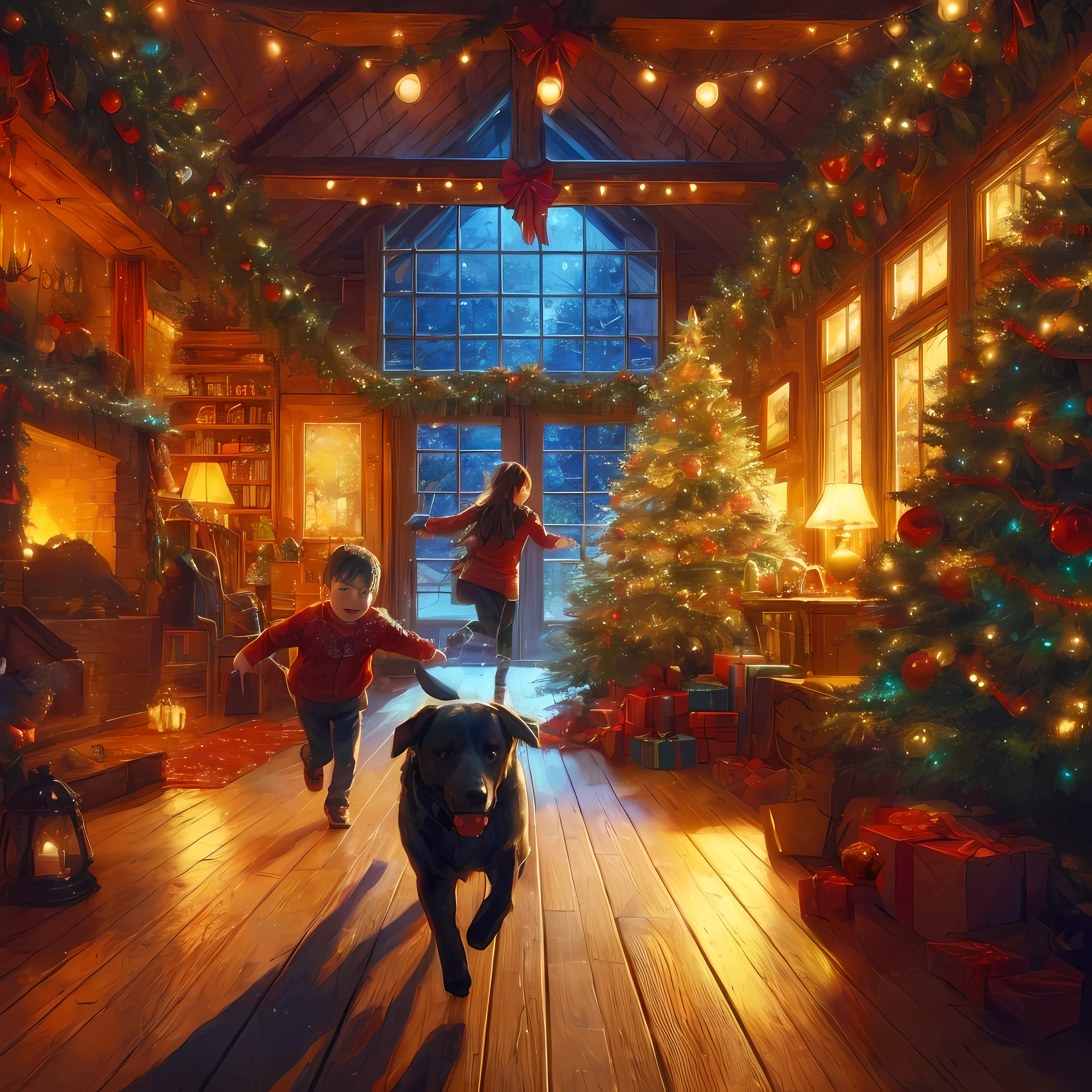 create a (32k masterpiece, best quality:1.4) greg rutkowski inspired illustration, absurdres, huge filesize, scene of a family home being decorated for Christmas by a  and his little sishe family dog (black labrador) running round excitedly, early evening, dwindling light, warmth, volumetric light, quixel megascan,