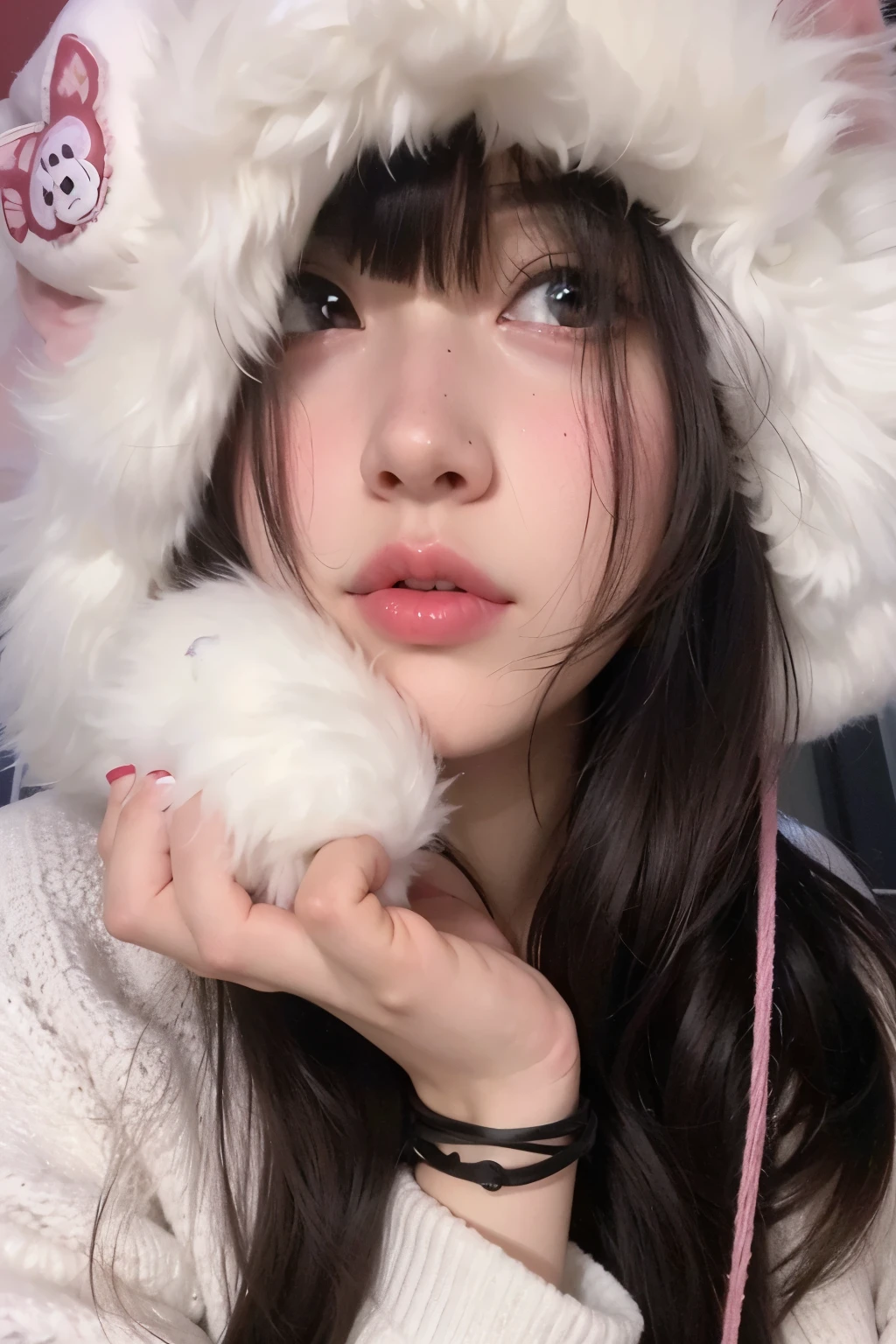 araffe girl in a white sweater and a furry hat, pale snow white skin, belle delphine, ulzzang, sakimichan, very beautiful cute catgirl, fluffy bangs, smol fluffy cat wearing smol hat, shikamimi, girl cute-fine-face, with cute - fine - face, wan adorable korean face, fairycore