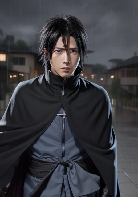 Sasuke uchiha in the rain with a cape over his head, sasuke uchiha, hyper realistic